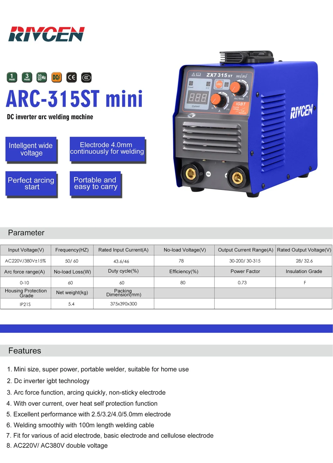Arc315st Mini Portable DC Inverter Welding Machines, High Efficiency AC220V 380V Dual Voltage Inverter Welding Machine for Civil Use